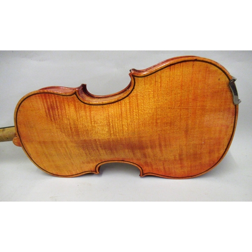 120B - 12.5in Student violin bearing labels with a bow, in an American case by Lifton