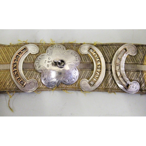 134 - 19th Century silver mounted leather gold and silver thread pouch belt, mounted with various bars for... 