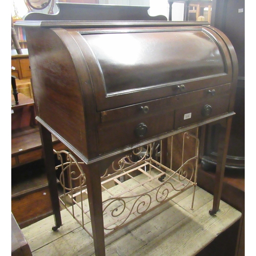 1379 - Edwardian mahogany and black line inlaid cylinder bureau with a fitted interior above two drawers on... 