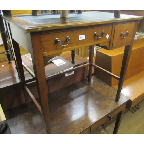 1387 - Small Edwardian mahogany writing desk with leather inset top above two drawers, on square tapering s... 