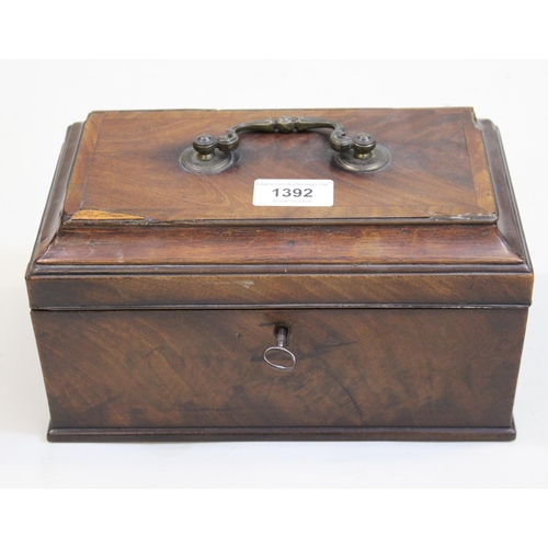 1392 - George III mahogany three division tea caddy, the hinged cover enclosing three lidded boxes, togethe... 