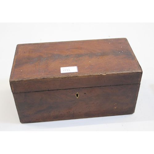 1392 - George III mahogany three division tea caddy, the hinged cover enclosing three lidded boxes, togethe... 