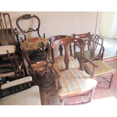 1400 - 18th Century mahogany open elbow chair on square supports, three balloon back side chairs and a quan... 