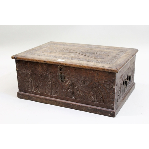 1402 - Late 18th / early 19th Century oak bible box, with later carved decoration (at fault) 26cms high x 6... 