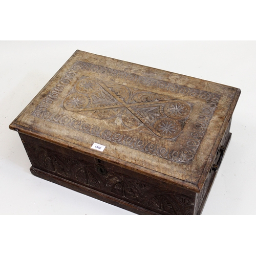 1402 - Late 18th / early 19th Century oak bible box, with later carved decoration (at fault) 26cms high x 6... 