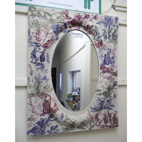 1410 - Modern fabric covered wall mirror with oval plate glass, 91cms x 71cms