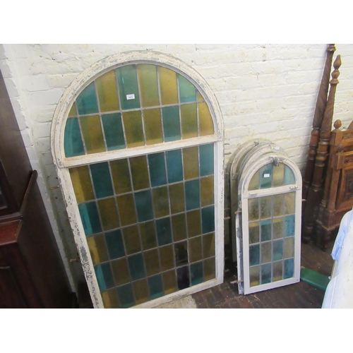 1414 - Pair of large crittall framed, leaded coloured glass arched top window panels, 160cms x 92cms, anoth... 