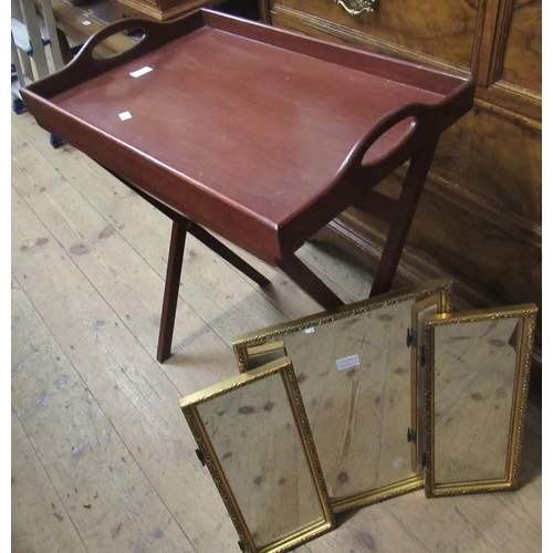 1426 - Early 20th Century mahogany wall bracket with two shelves and two panelled doors, a gilt triple dres... 