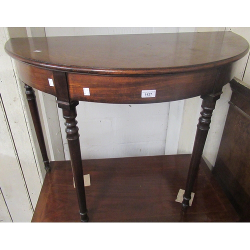 1427 - 19th Century mahogany D-shaped side table, the moulded top with plain frieze on ring turned and tape... 