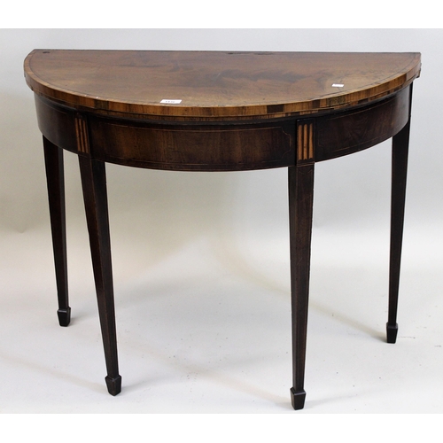 1436 - George III mahogany rosewood crossbanded and line inlaid D-shaped fold-over card table, the figured ... 