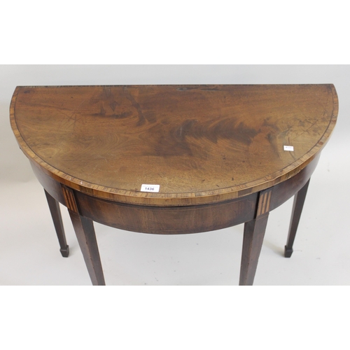 1436 - George III mahogany rosewood crossbanded and line inlaid D-shaped fold-over card table, the figured ... 