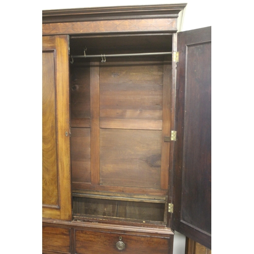 1438 - 19th Century mahogany linen press, the moulded cornice above a line inlaid frieze and two panel door... 