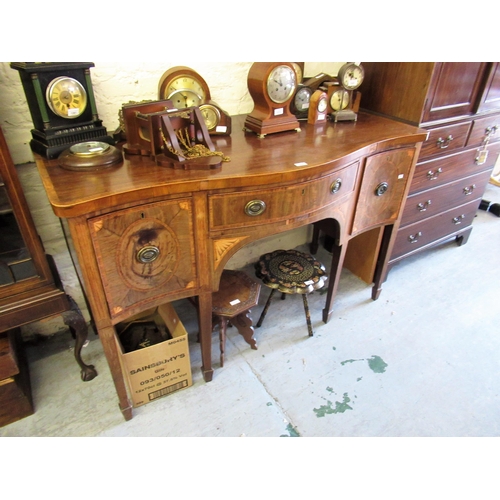 1444 - George III mahogany rosewood crossbanded and line inlaid serpentine shaped sideboard, the figured to... 