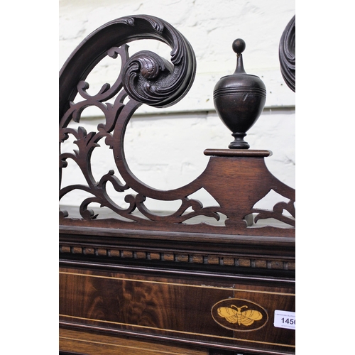 1450 - Mahogany and line inlaid cabinet on stand, the pierced fretwork surmount above a pair of astragal gl... 