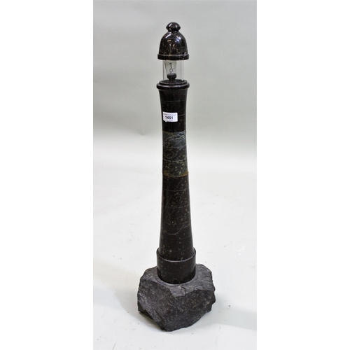 1451 - Large late 19th / early 20th Century carved and turned serpentine marble lighthouse form table lamp,... 