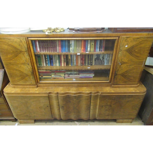 1452 - Art Deco burr walnut side cabinet, the top having two central glazed sliding doors flanked by two bo... 