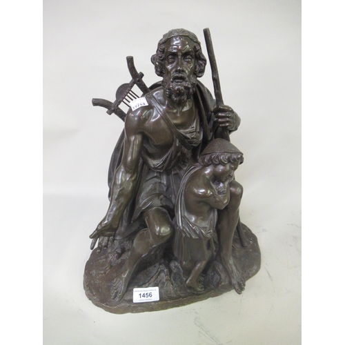 1456 - Large 19th Century bronze figure of Homer with a young boy, signed in the bronze ' Faitlot ', 36cms ... 