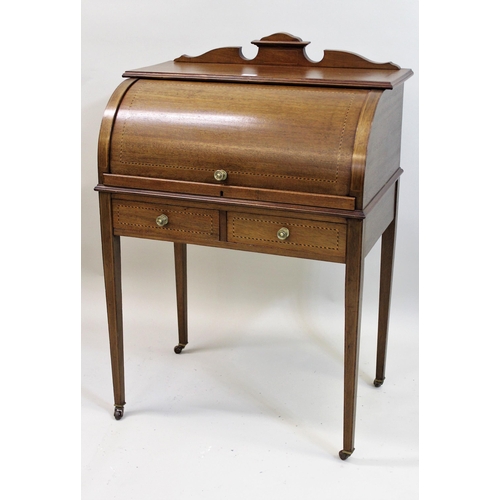 1457 - Edwardian mahogany chequer line inlaid cylinder bureau with a fitted interior above two frieze drawe... 