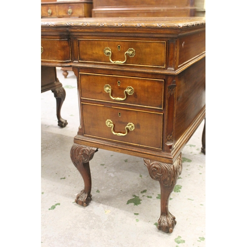 1466 - 1920's Mahogany semi bow fronted pedestal desk having brown leather and gilt tooled inset top, above... 