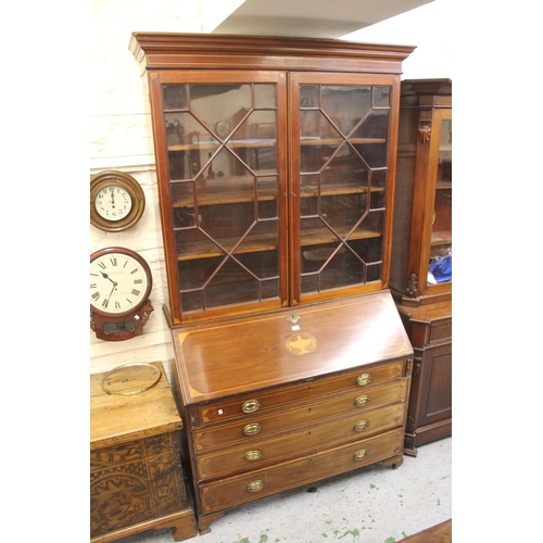 1479 - George III mahogany and inlaid bureau bookcase, with moulded cornice above astragal glazed doors enc... 