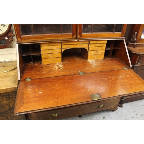 1479 - George III mahogany and inlaid bureau bookcase, with moulded cornice above astragal glazed doors enc... 