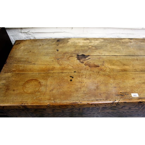 1483 - Large 18th /19th  Century Scandinavian pine coffer, with a hinged plank lid above a poker work front... 