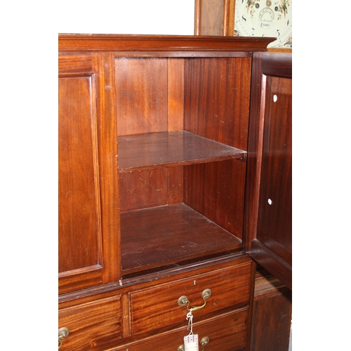 1486 - Small early 20th Century mahogany linen press, the moulded cornice above a pair of rectangular panel... 