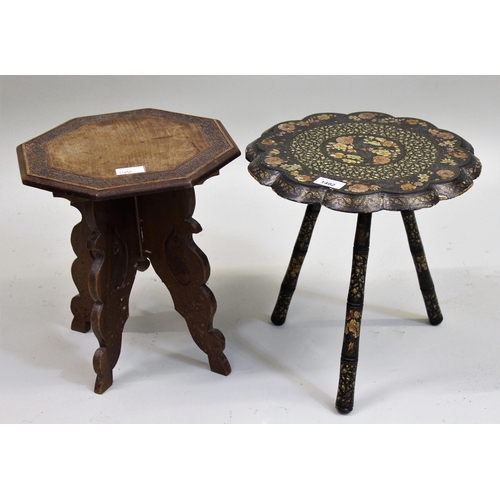 1492 - Small Kashmiri shaped top occasional table, together with a pair of similar candlesticks and a small... 