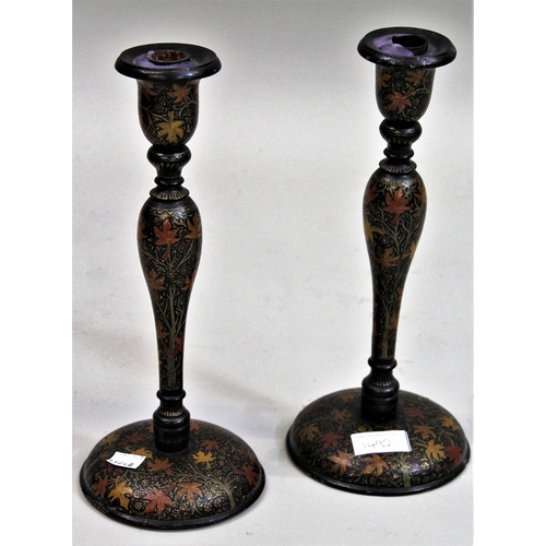 1492 - Small Kashmiri shaped top occasional table, together with a pair of similar candlesticks and a small... 