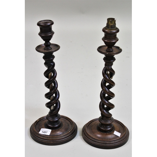 1497 - Pair of oak barley twist candlesticks, together with two work boxes