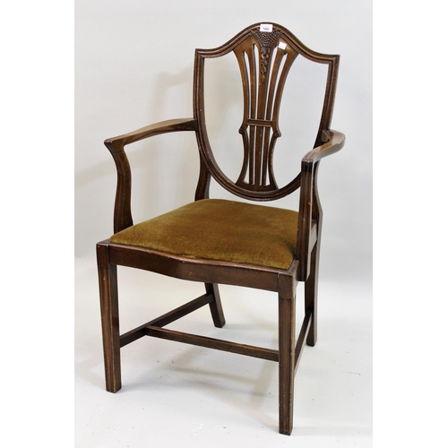 1498 - Set of ten mid 20th Century mahogany open armchairs in Hepplewhite style, the pierced and wheat ear ... 