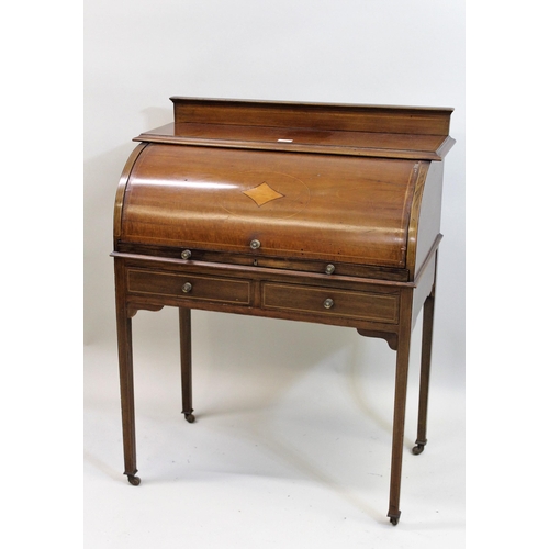 1507 - Edwardian mahogany and chequer line inlaid cylinder desk with two frieze drawers, raised on square t... 