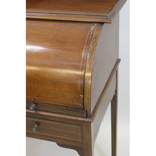 1507 - Edwardian mahogany and chequer line inlaid cylinder desk with two frieze drawers, raised on square t... 