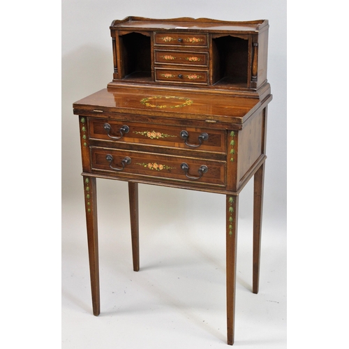 1508 - Ladies reproduction yew wood and floral painted ladies writing desk, the back with three drawers and... 