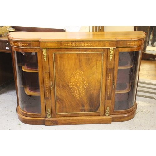 1523 - Victorian walnut marquetry inlaid, gilt ormolu mounted, semi bow fronted credenza cabinet with centr... 