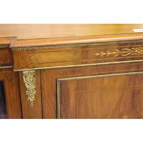 1523 - Victorian walnut marquetry inlaid, gilt ormolu mounted, semi bow fronted credenza cabinet with centr... 