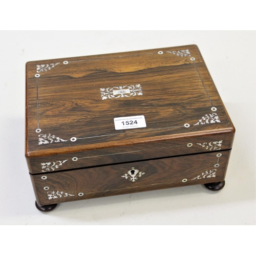 1524 - Good quality Victorian rosewood, mother of pearl inlaid workbox, with original fitted interior, 26cm... 