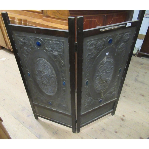 1533 - Unusual Arts & Crafts beechwood two fold draught screen, with two floral embossed pewter panels, ins... 