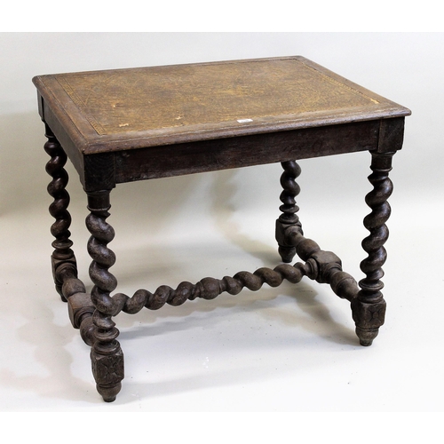 1538 - Late 19th / early 20th Century rectangular oak writing table with a leather inset top, raised on bar... 