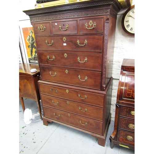 1546 - George III mahogany chest on chest, the moulded cornice, with a blind fretwork frieze above three sh... 