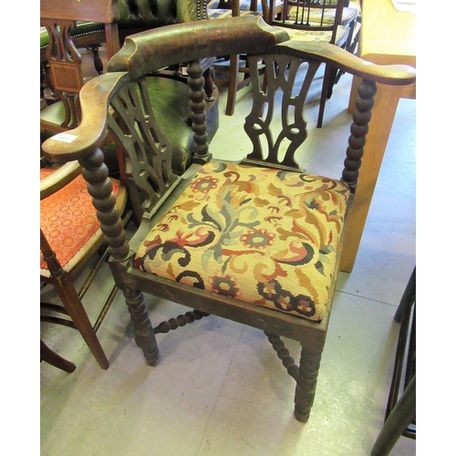 1561 - 19th Century oak pierced splat back and bobbin turned corner elbow chair, with drop-in seat on turne... 