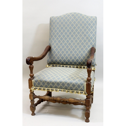 1563 - 19th Century French fruitwood open elbow chair with upholstered back and seat, raised on turned supp... 