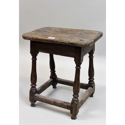 1564 - Small antique oak stool on turned supports with stretcher