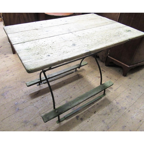 1576 - 19th Century pine and wrought iron folding garden table with integral footrests, 100cms x 66cms