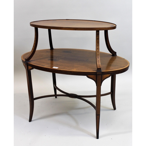 1586 - Edwardian rosewood, satinwood crossbanded and line inlaid two tier oval etagere, raised on splay sup... 