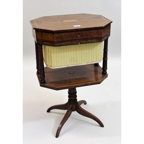 1594 - George III octagonal mahogany satinwood and rosewood, crossbanded work table with a frieze drawer ab... 