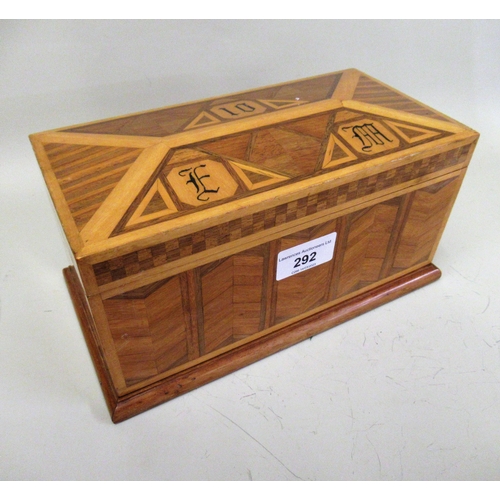 292 - 20th Century inlaid musical jewellery box with fitted interior, 13cms high x 24cms wide x 13cms deep