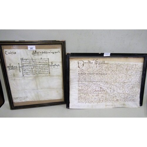 297 - 16th Century hand written document of vellum, dated 1586, 30cms x 46cms approximately, together with... 