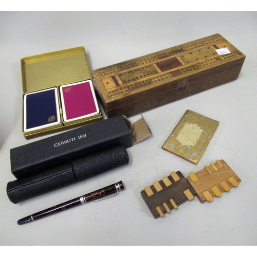 302 - Parquetry inlaid crib box, quantity of playing cards and a Cerruti fountain pen