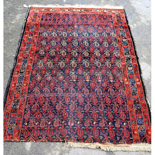 57 - Belouch rug with an all-over hooked medallion design on a midnight blue ground with borders, (slight... 